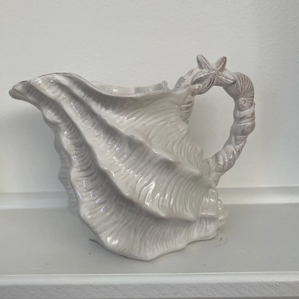 Blue Sky‎ Clayworks Off-White Conch Shell Pitcher New Old Stock 2015
